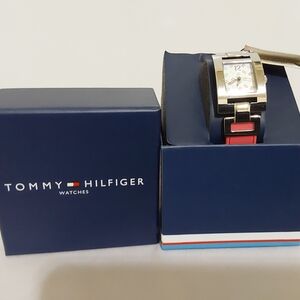 Tommy Hilfiger Silver Rectangular Watch with Pink Strap